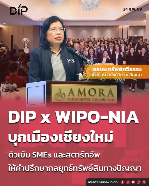 กรมทรัพย์สินทางปัญญา จับมือ WIPO และ NIA ยกทีมคลินิกให้คำปรึกษากลยุทธ์ทรัพย์สินทางปัญญา บุกเมืองเชียงใหม่ ติวเข้ม SMEs และสตาร์ทอัพ หนุนใช้ทรัพย์สินทางปัญญายกระดับธุรกิจสู่ตลาดโลก