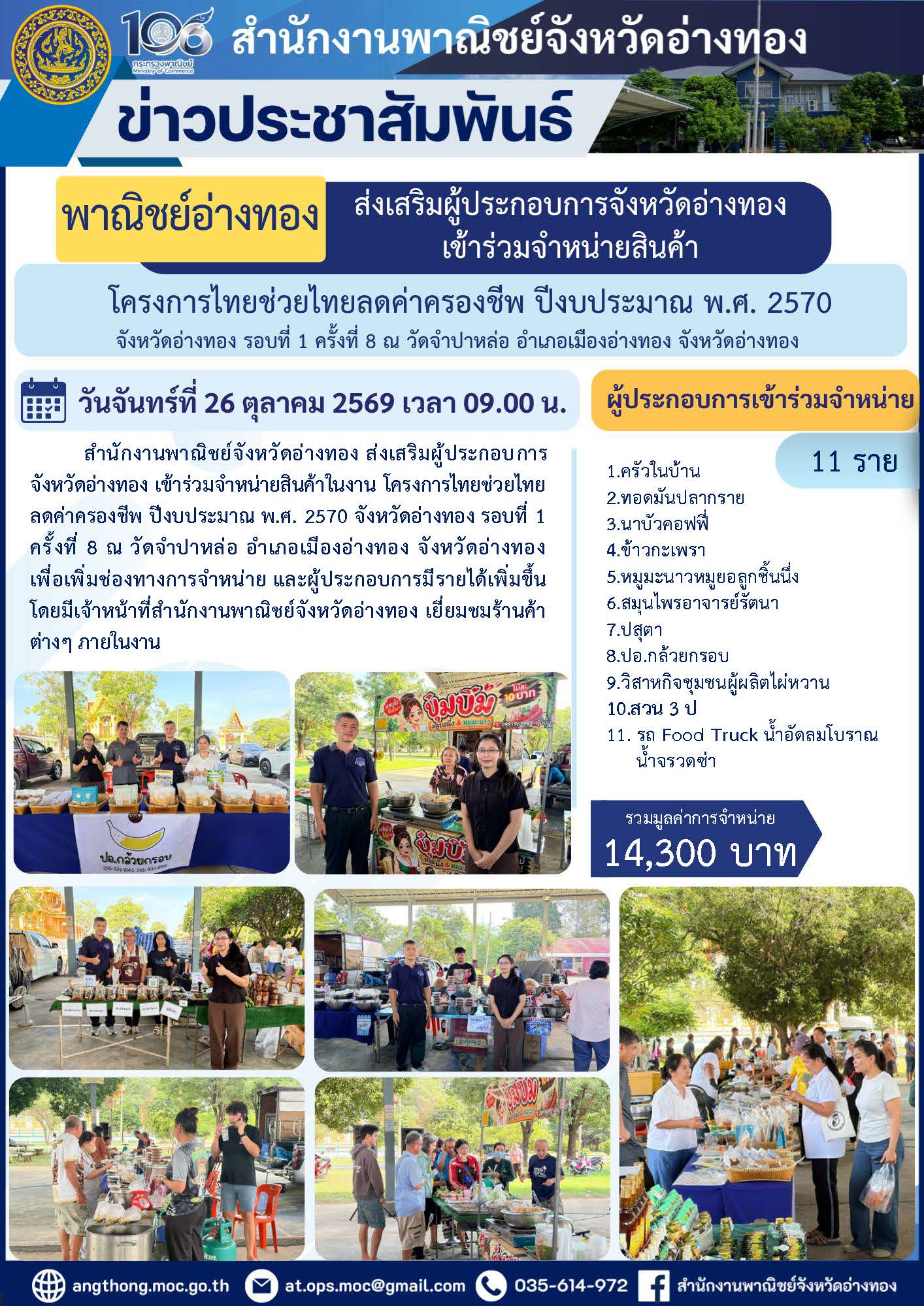 บทความใหม่“พาณิชย์อ่างทอง” ส่งเสริมผู้ประกอบการจังหวัดอ่างทอง เข้าร่วมจำหน่ายสินค้า โครงการไทยช่วยไทยลดค่าครองชีพ ปีงบประมาณ พ.ศ. 2570 จังหวัดอ่างทอง รอบที่ 1 ครั้งที่ 8 ณ วัดจำปาหล่อ อำเภอเมืองอ่างทอง จังหวัดอ่างทอง